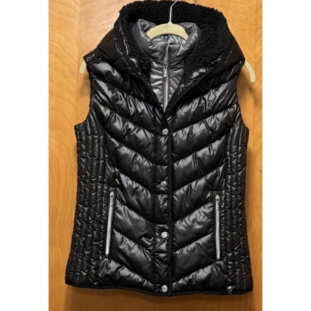 Marc New York ‎ Performance Womens Puffer Vest Hooded Shiny Black Sz S